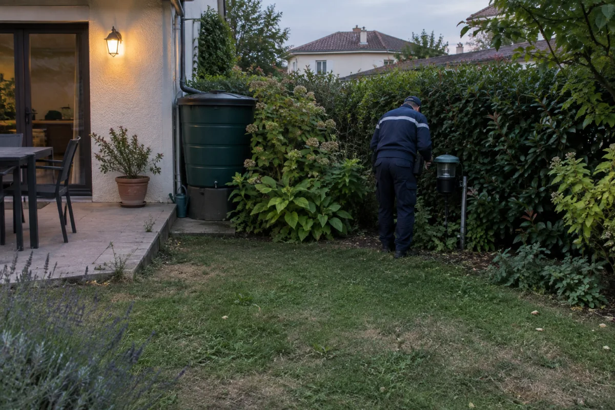 Au crépuscule, un jardin résidentiel français montre une lampe extérieure allumée près d’une terrasse, des zones ombragées et des plantes denses autour d’un récupérateur d’eau cou…