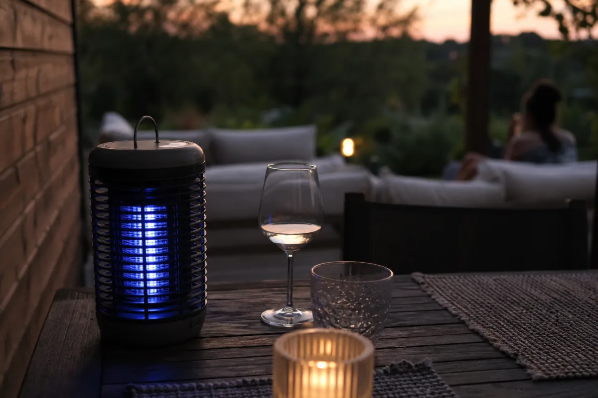 Lampe anti-moustique à lumière bleue sur une table de terrasse le soir