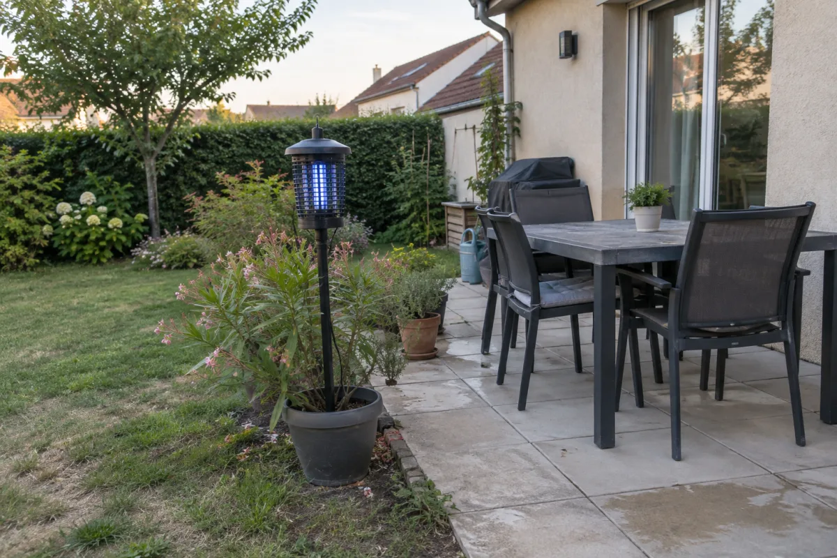 Dans un jardin pavillonnaire en France, une lampe anti-moustique est installée près d’une terrasse, à côté de quelques plantes et d’un coin repas extérieur, sans personne visible