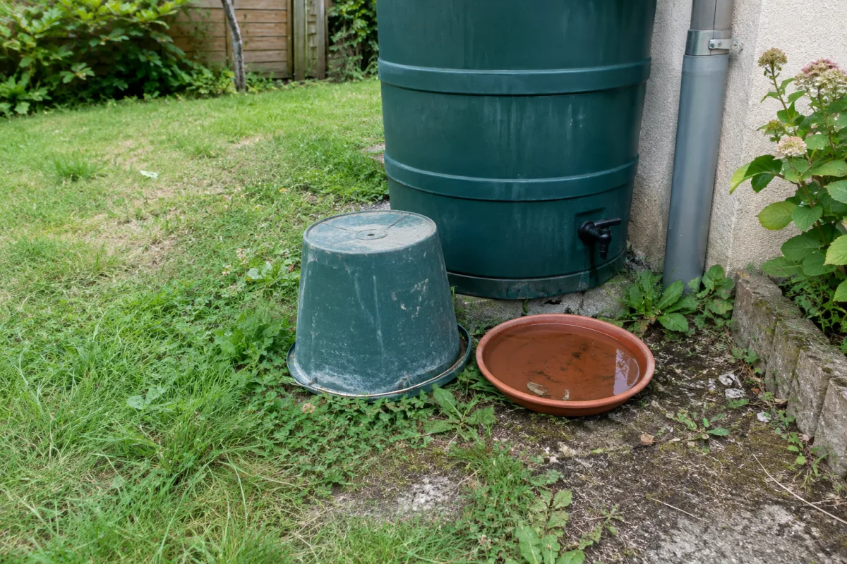 Dans un jardin d’une commune française, un seau retourné et une soucoupe de pot de fleurs sont posés près d’un récupérateur d’eau, avec une petite quantité d’eau stagnante visible…