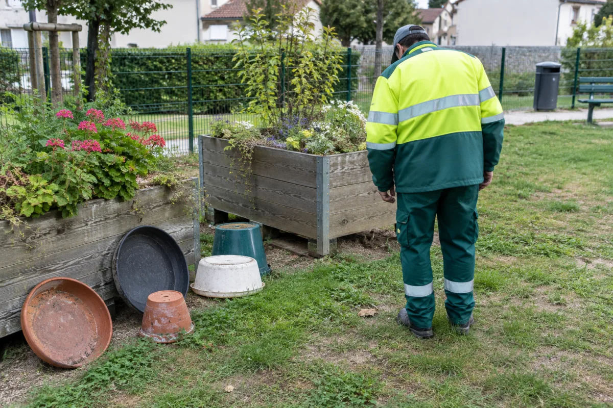 Dans un jardin communal en France, plusieurs soucoupes et récipients sont retournés ou vidés près de bacs de fleurs afin d’éviter les eaux stagnantes