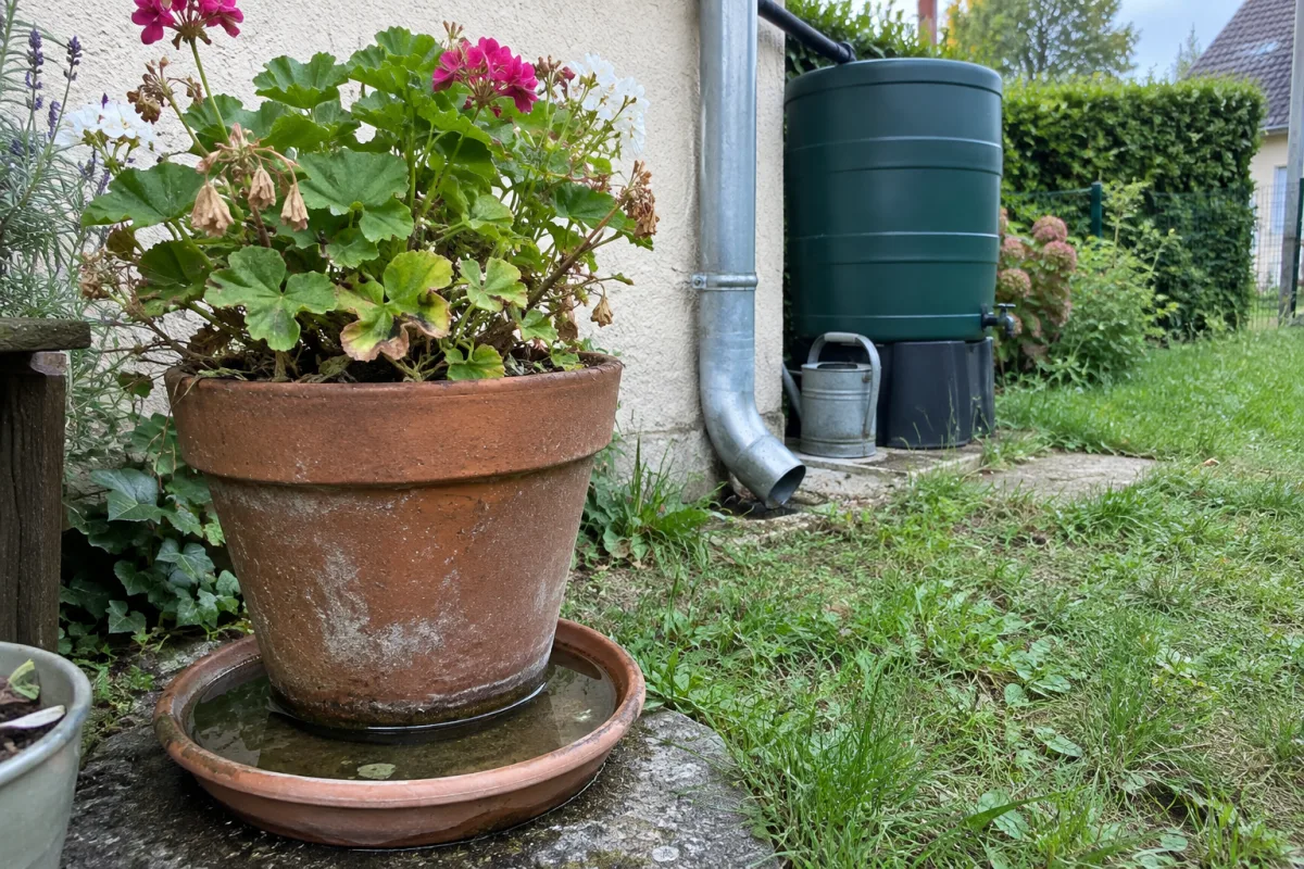 Dans un jardin résidentiel en France, une soucoupe sous un pot de fleurs contient un peu d’eau stagnante, tandis qu’une gouttière et un récupérateur d’eau sont visibles en arrière…