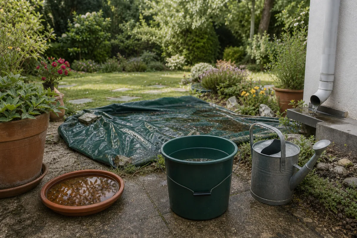 Jardin montrant plusieurs gîtes larvaires : soucoupe, seau, bâche, gouttière