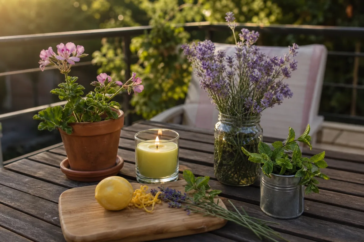 Citronnelle, lavande, géranium et menthe sur une table de terrasse