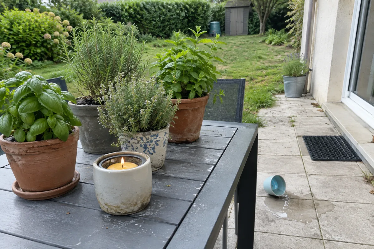 Dans un jardin résidentiel en France, plusieurs pots de plantes aromatiques et une bougie répulsive sont disposés sur une table près d’une terrasse, avec un petit récipient d’eau …