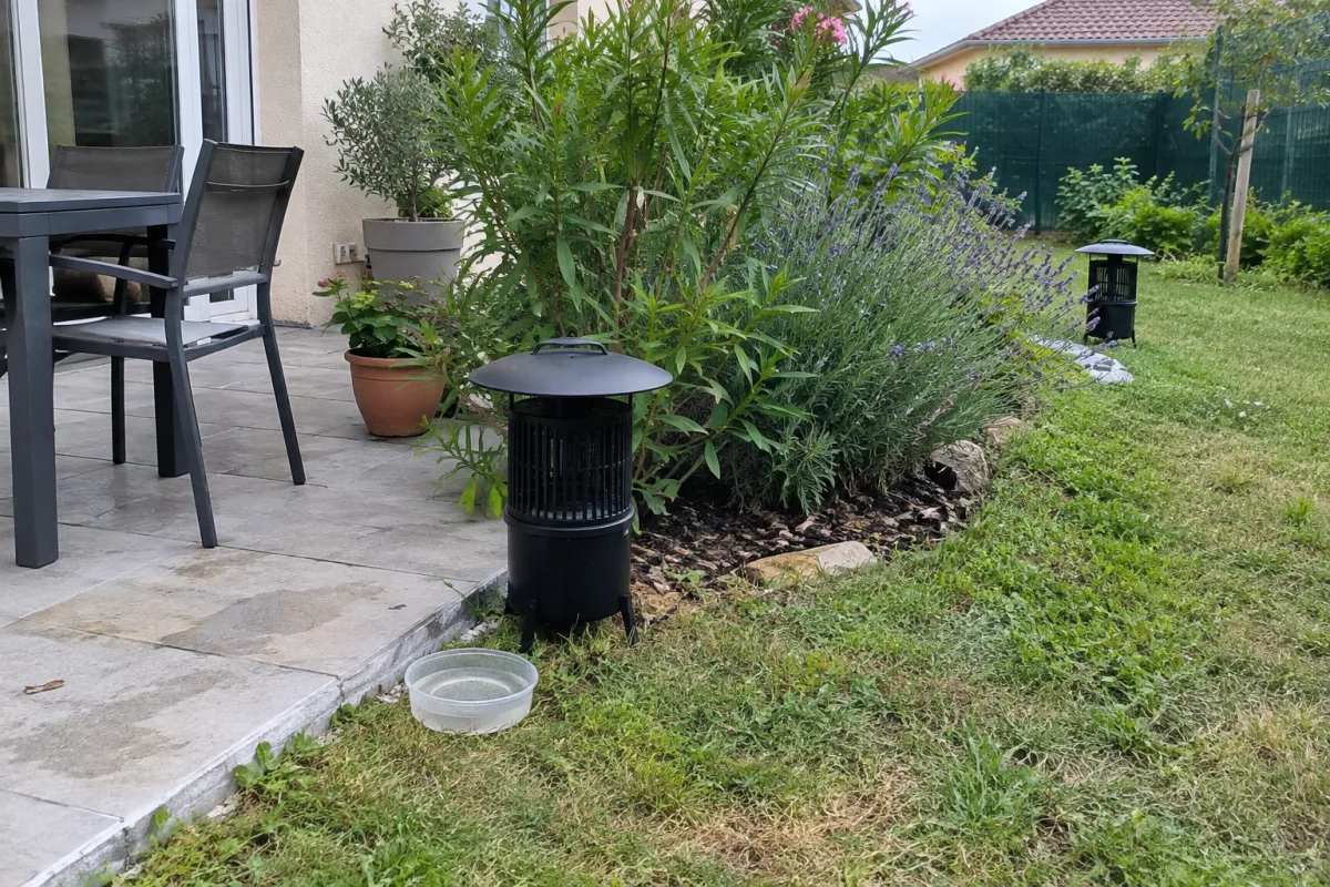 Dans un jardin résidentiel en France, plusieurs pièges à moustiques sont installés près d’une terrasse et de plantes, avec un petit récipient d’eau posé à proximité