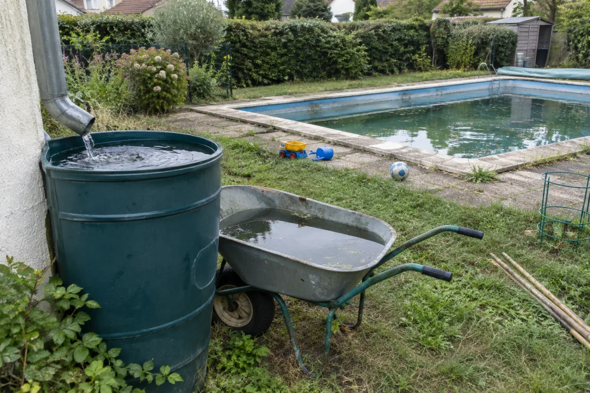 Dans un jardin d’une commune française, une brouette et un tonneau récupèrent l’eau de pluie près d’une piscine peu entretenue, avec quelques jouets et un tuteur en bambou posés a…