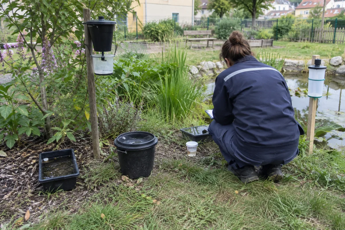 Dans un jardin communal en France, plusieurs petits pièges et récipients de surveillance sont disposés près de plantes et d’un point d’eau, illustrant le suivi des populations de …