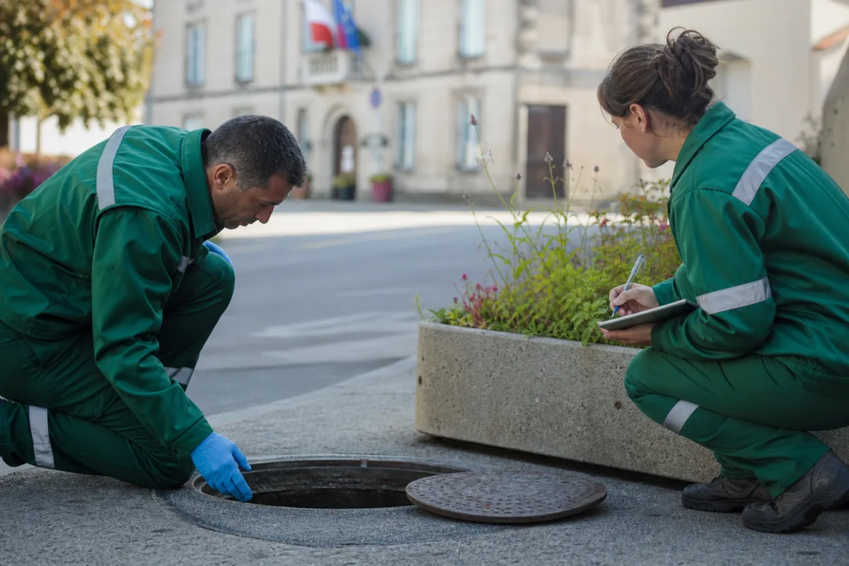 Agents municipaux inspectant une bouche d’égout et un bac à fleurs dans une rue