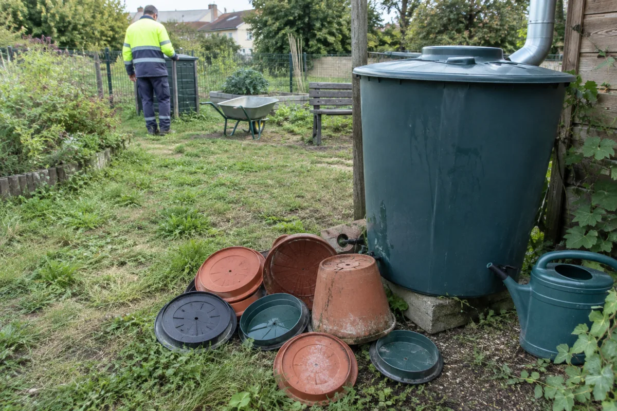 Dans un jardin communal en France, plusieurs soucoupes de pots de fleurs sont vidées et retournées près d’un récupérateur d’eau couvert, illustrant la prévention des gîtes larvair…