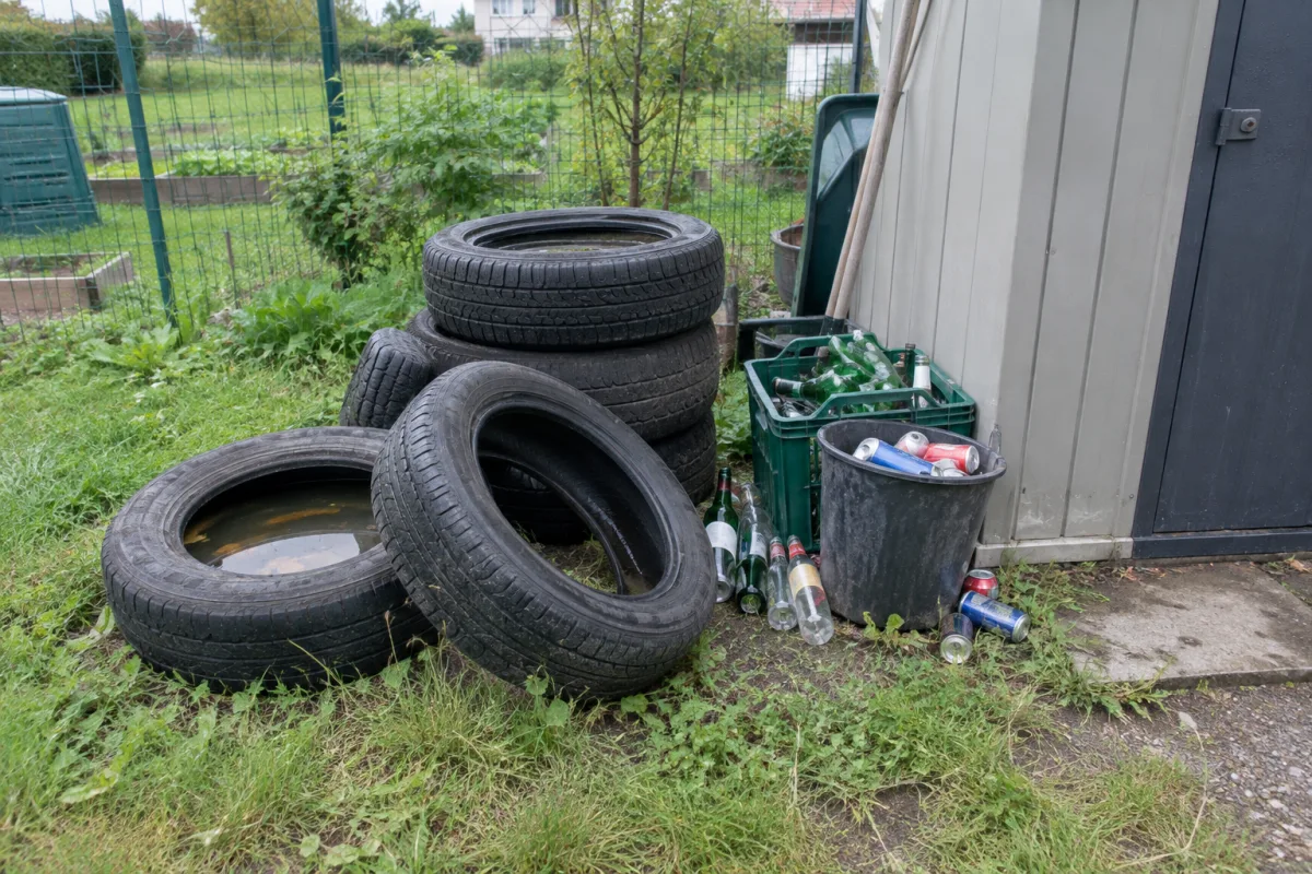 Dans un jardin communal en France, plusieurs pneus usagés, bouteilles et canettes sont regroupés près d’un abri de rangement, certains pouvant retenir l’eau de pluie