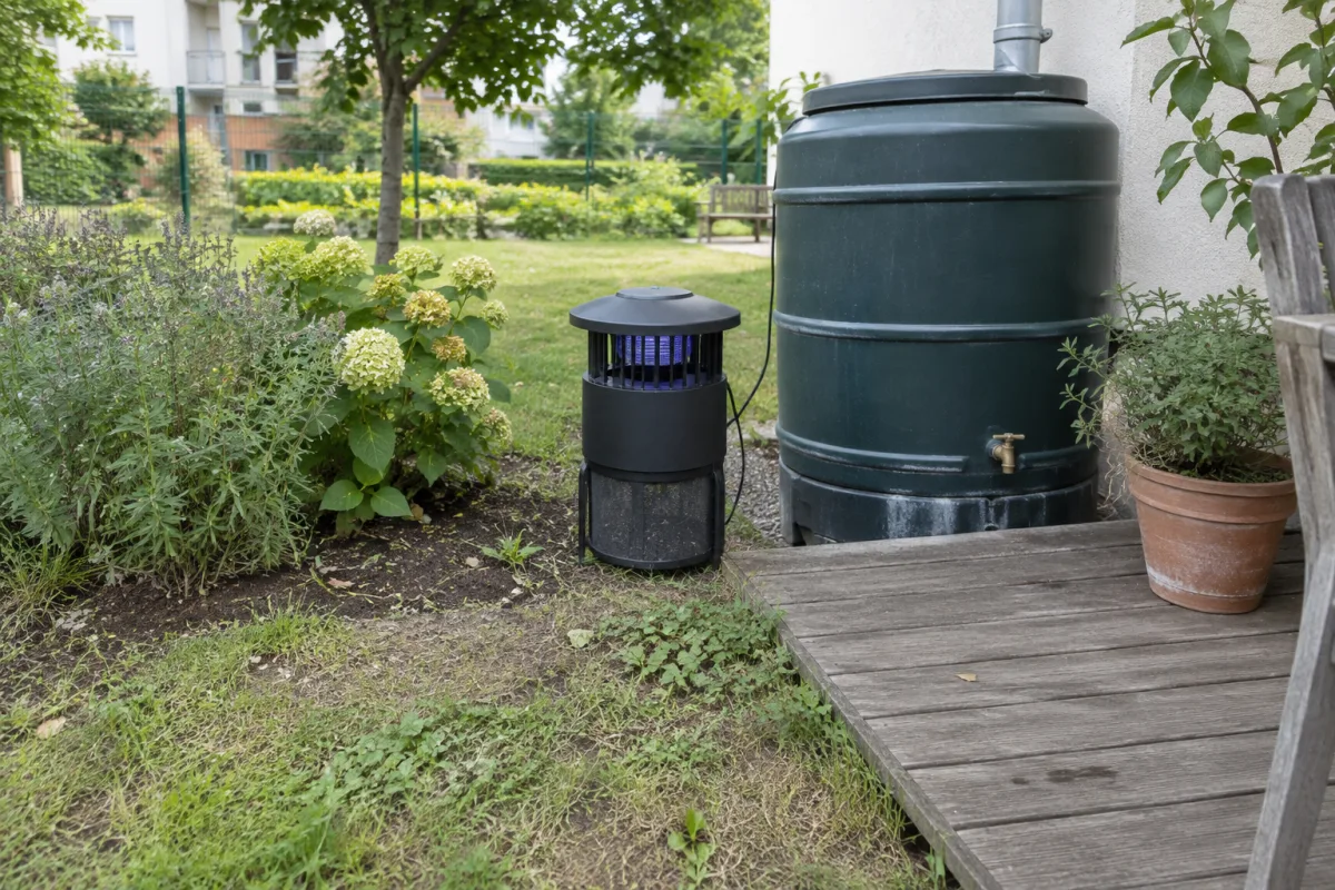 Dans un jardin communal en France, un piège à moustiques est installé près d’une terrasse, à côté de quelques plantes et d’un récupérateur d’eau fermé