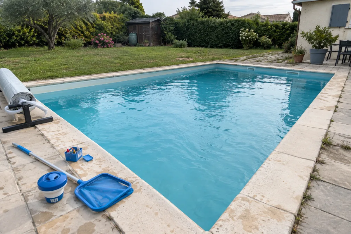 Une piscine résidentielle dans un jardin français, avec une couverture retirée, une eau propre et quelques accessoires d’entretien posés au bord du bassin