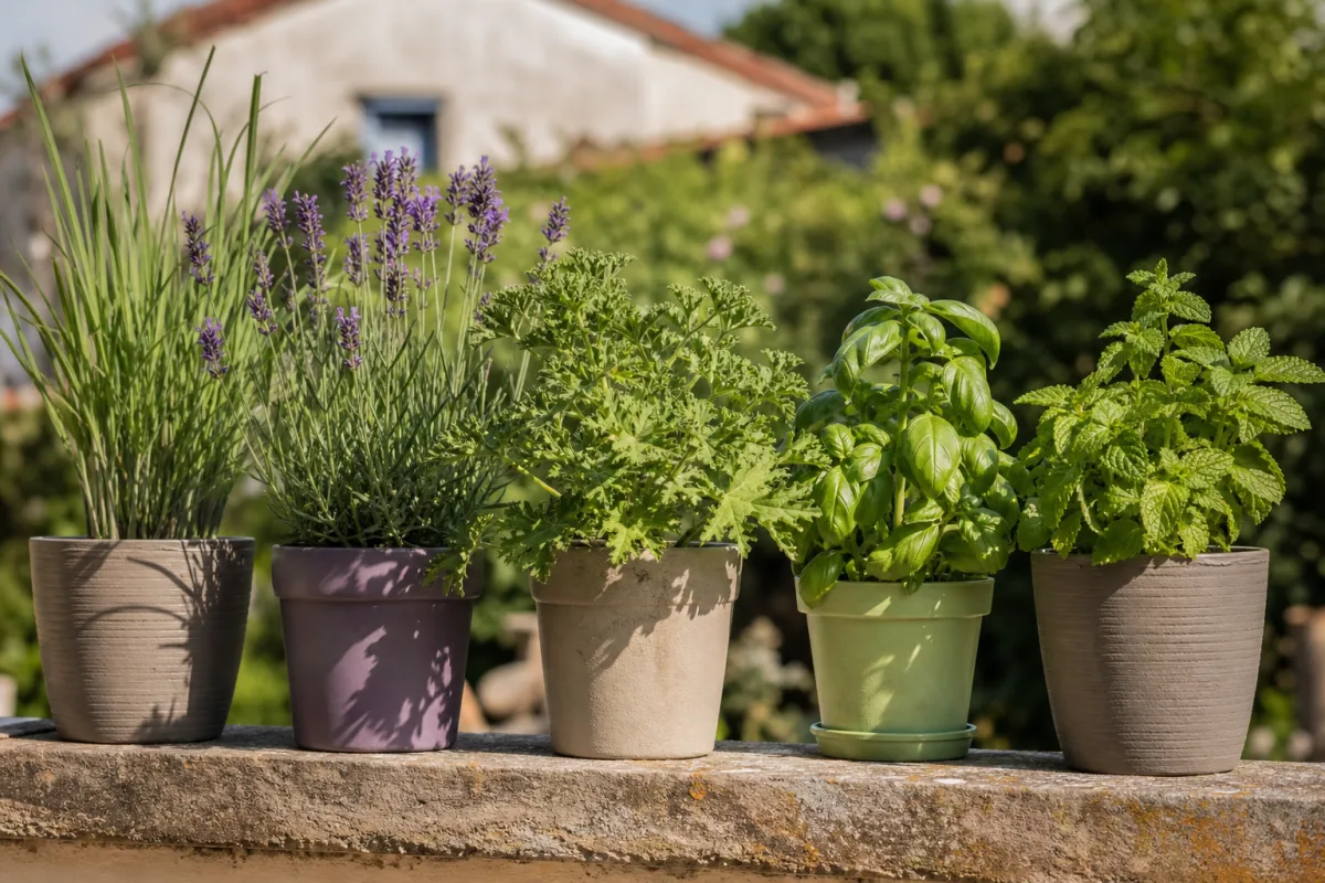 Plantes réputées anti-moustiques en pots sur une terrasse