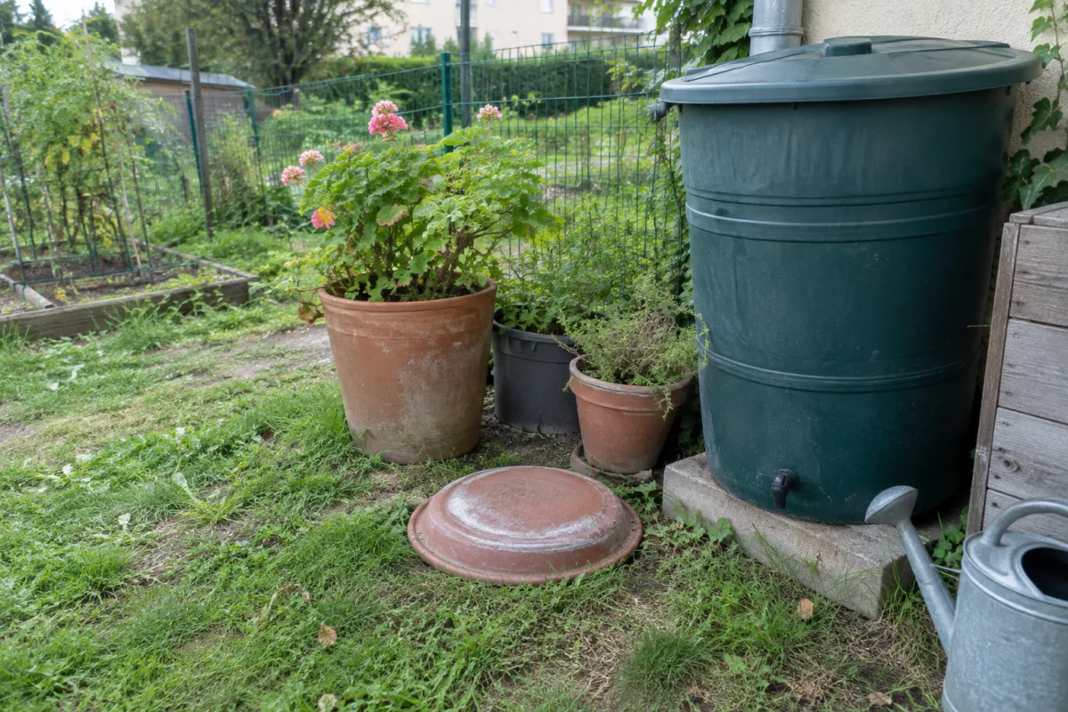 Dans un jardin communal en France, une soucoupe remplie d’eau est retournée près de pots de fleurs et un récupérateur d’eau est fermé par un couvercle, illustrant les gestes de pr…