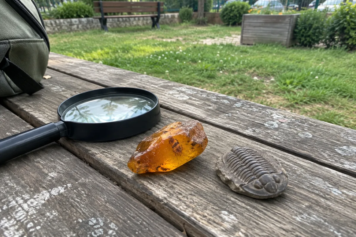 Dans un jardin communal en France, un fragment d’ambre posé sur une table en bois est observé à la loupe à côté d’une petite réplique sans texte d’un fossile préhistorique