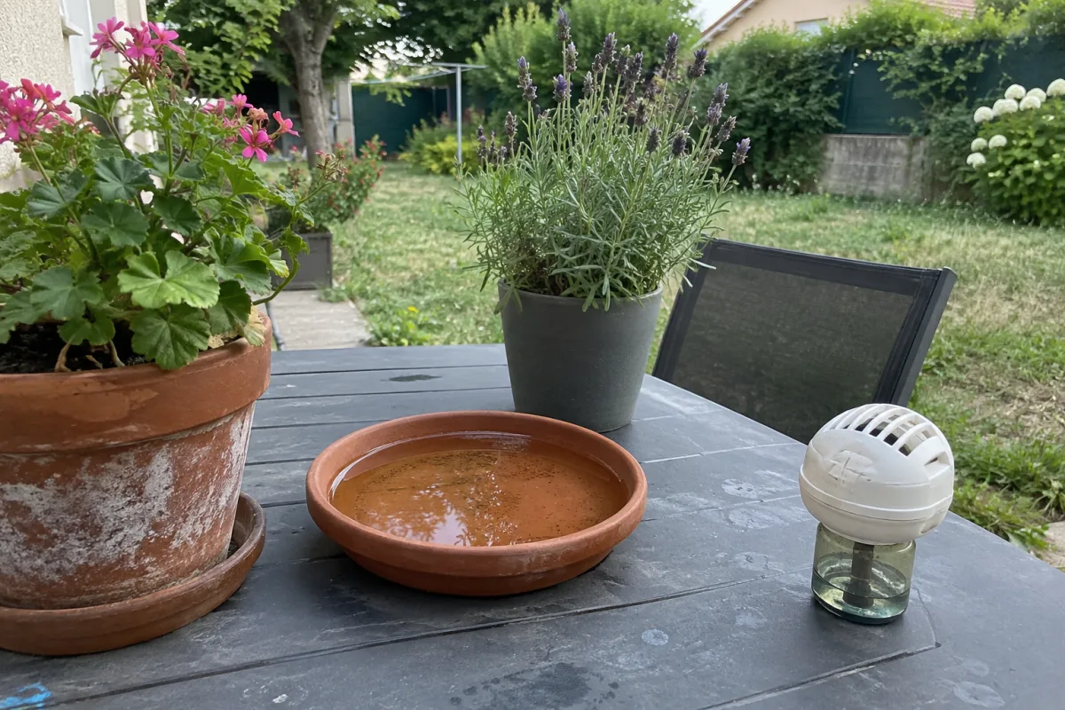 Dans un jardin résidentiel en France, des pots de fleurs, une soucoupe remplie d’eau et un répulsif posé sur une table de terrasse illustrent les situations favorables aux piqûres…