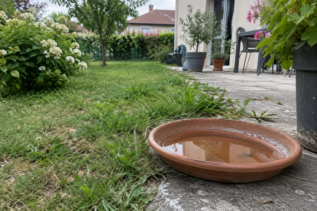 Dans un jardin résidentiel en France, une soucoupe de pot de fleurs contenant un peu d’eau est posée près d’une terrasse, avec des plantes et une maison en arrière-plan