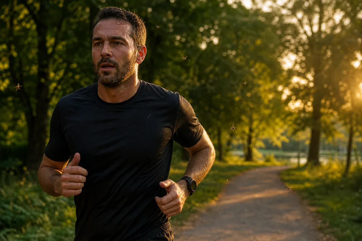 Coureur en sueur et vêtements sombres entouré de moustiques en fin de journée