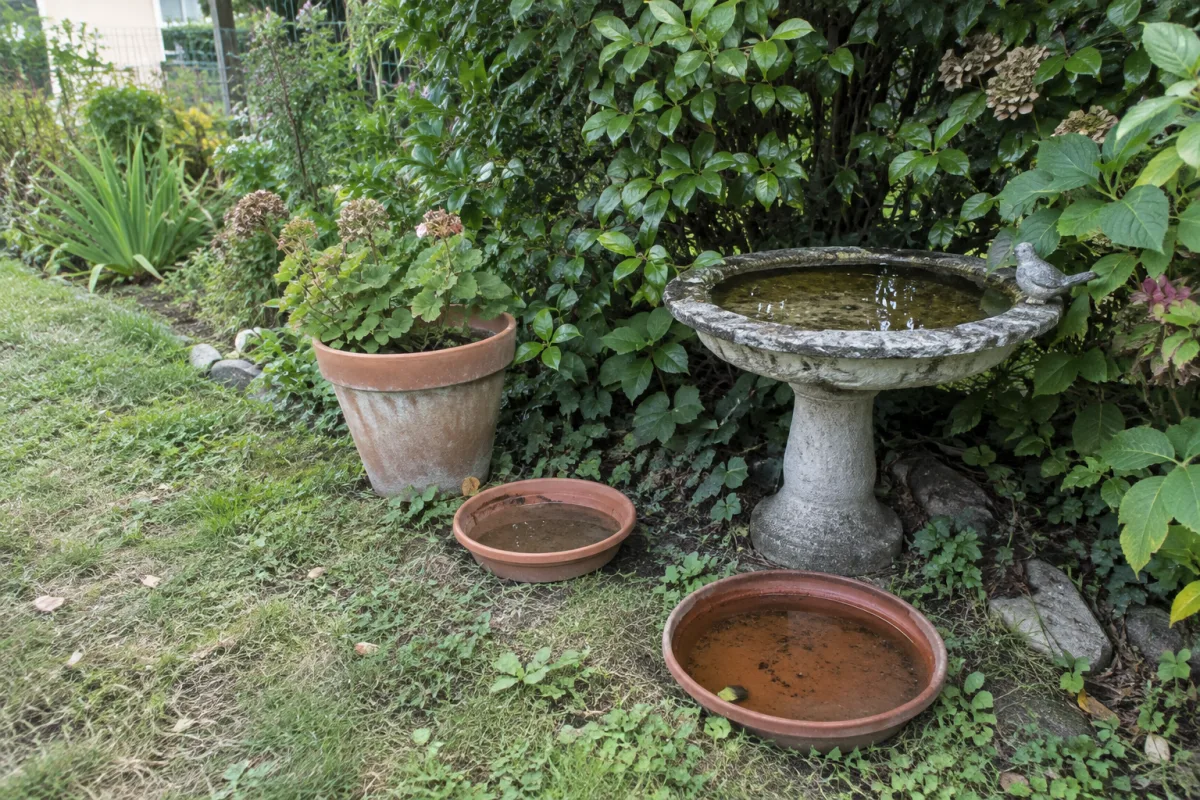 Dans un jardin d’une commune française, des coupelles de pots de fleurs et un abreuvoir d’oiseaux sont posés près d’une végétation dense, illustrant les lieux où l’eau stagnante p…