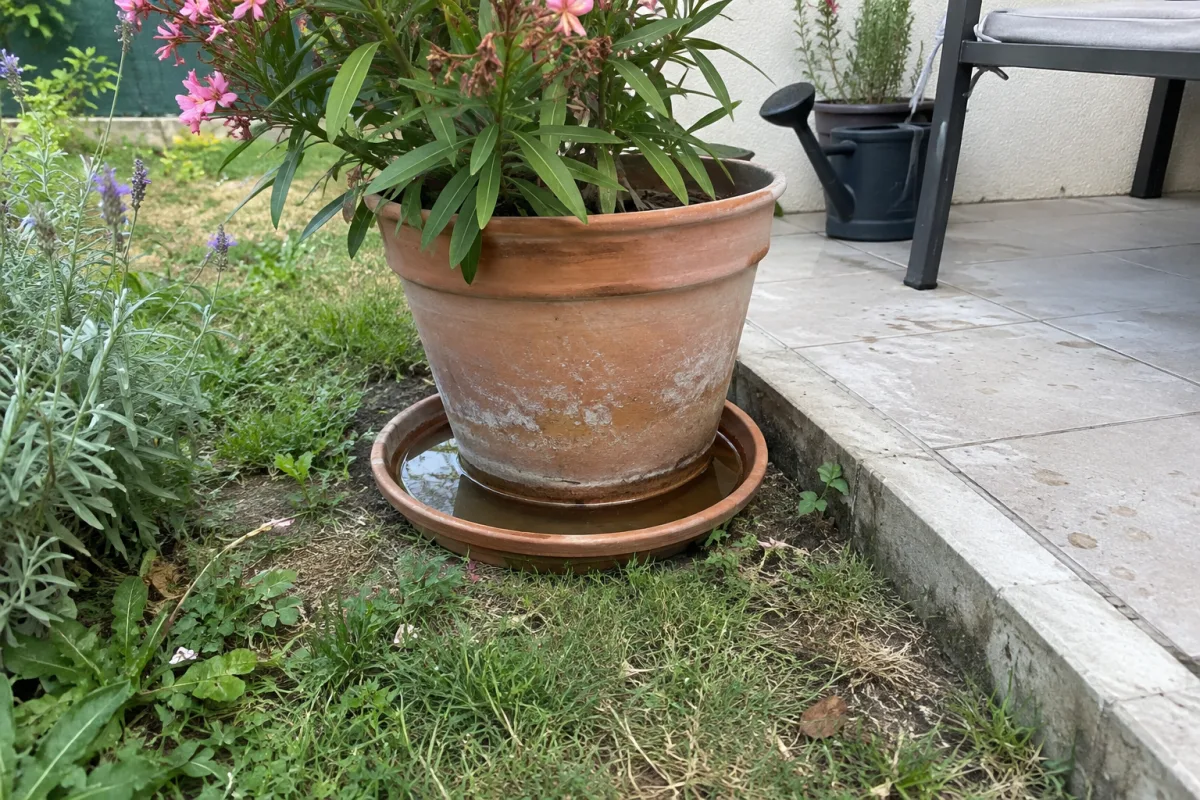 Dans un jardin résidentiel en France, une soucoupe sous un pot de fleurs contient de l’eau stagnante à proximité de quelques plantes et d’une terrasse