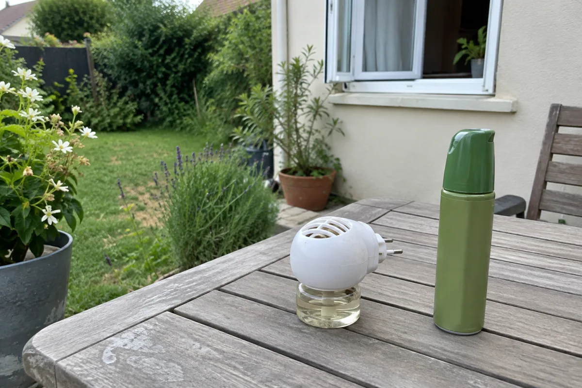 Dans un jardin résidentiel en France, une prise anti-moustique et un spray répulsif sont posés sur une table de terrasse près de plantes et d’une fenêtre ouverte