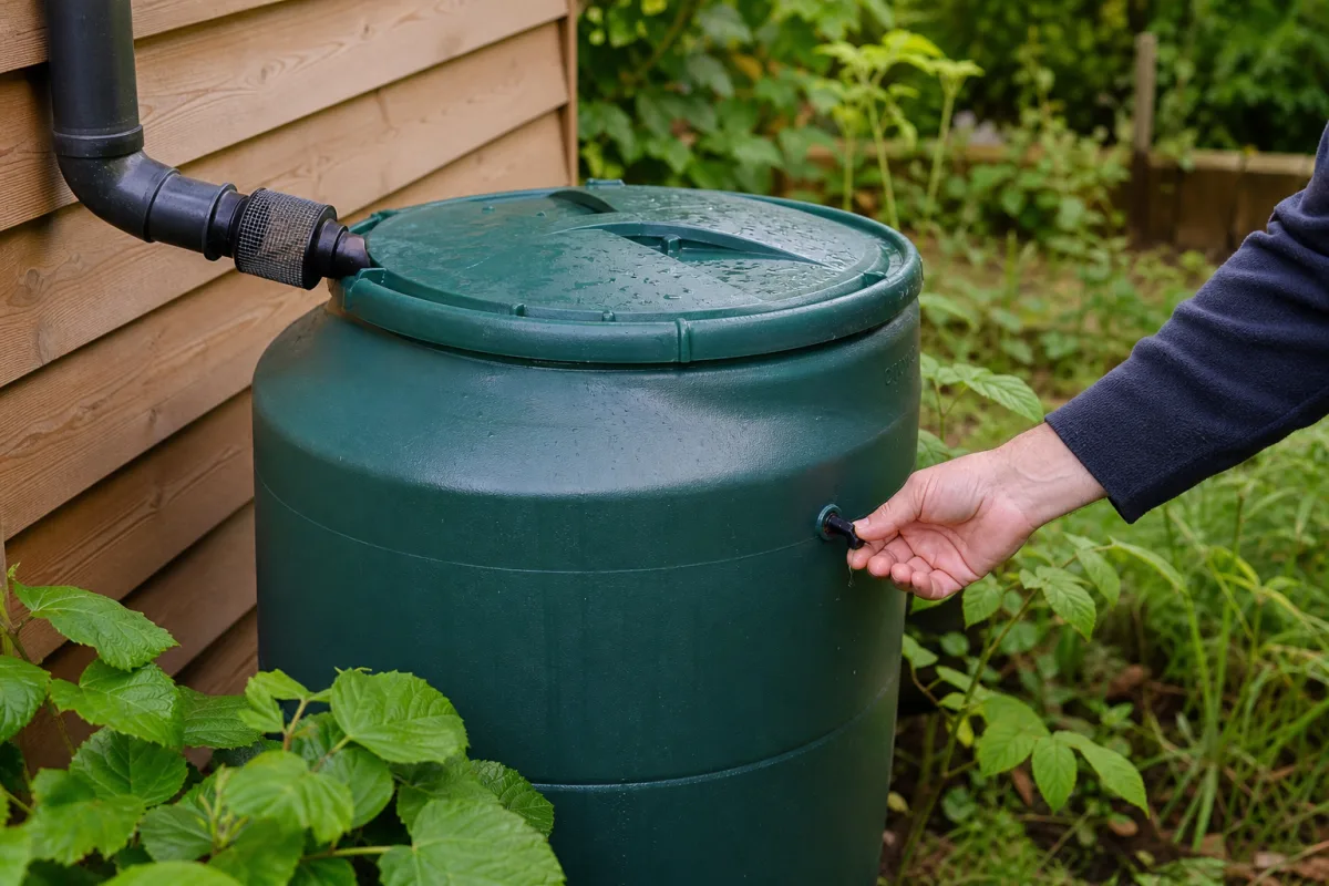 Cuve d’eau de pluie fermée avec moustiquaire sur l’arrivée