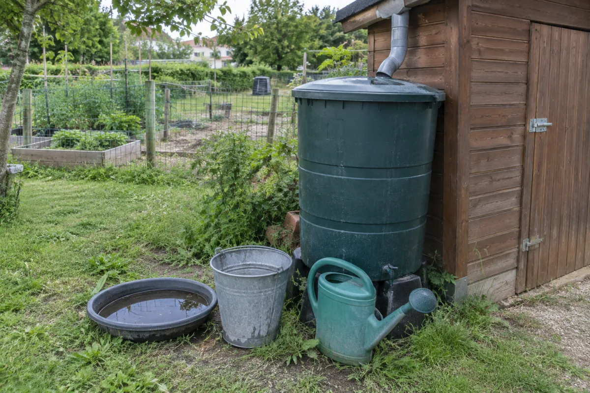 Dans un jardin communal en France, plusieurs réservoirs domestiques — une soucoupe, un seau, un arrosoir et un récupérateur d’eau — sont disposés près d’un abri de jardin
