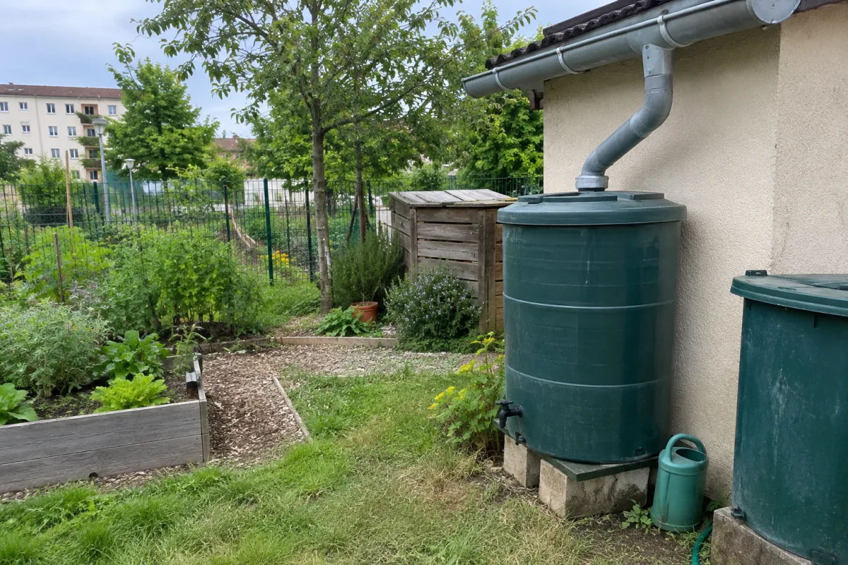 Dans un jardin communal en France, des gouttières et des récupérateurs d’eau sont correctement entretenus afin d’éviter la formation d’eaux stagnantes