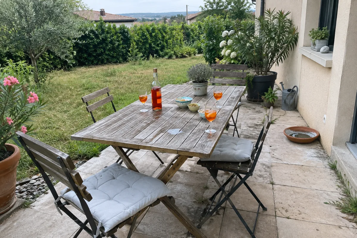 Une table de jardin installée sur une terrasse en France accueille des verres et une bouteille d’apéritif, avec des plantes et une soucoupe d’eau à proximité