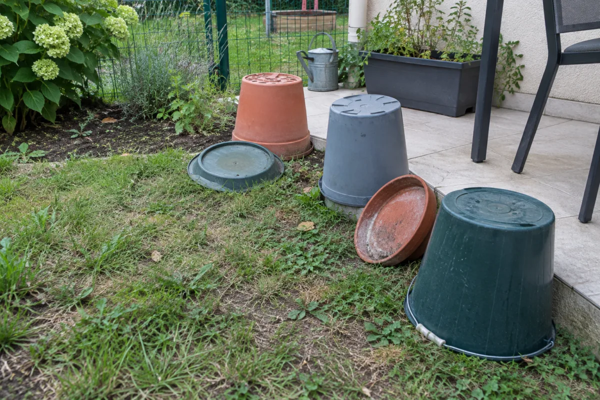 Dans un jardin communal en France, des coupelles, seaux et soucoupes sont vidés ou retournés près d’une terrasse afin de limiter les gîtes larvaires de moustiques