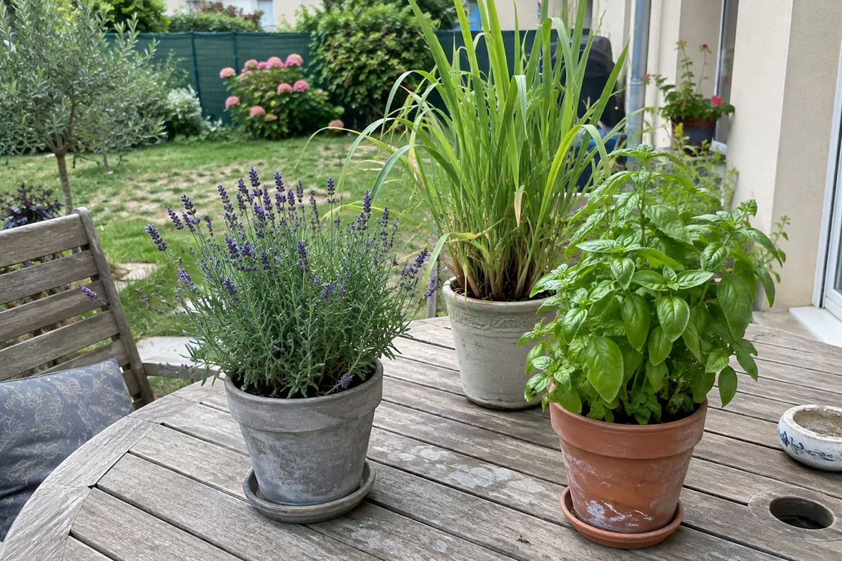 Dans un jardin résidentiel en France, des pots de lavande, de citronnelle et de basilic sont disposés autour d’une table de terrasse pour illustrer des répulsifs naturels contre l…