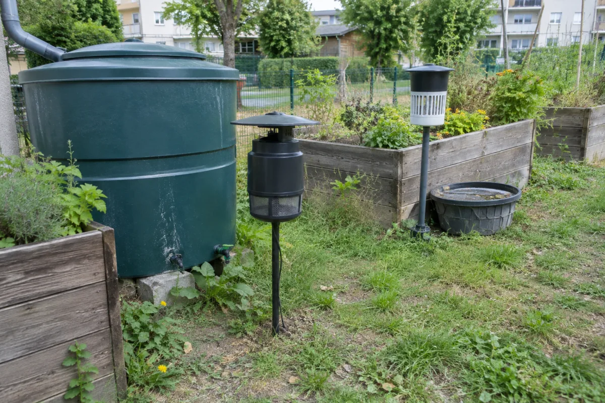 Dans un jardin communal en France, plusieurs pièges et équipements de lutte contre les moustiques sont installés près d’un récupérateur d’eau fermé et de jardinières
