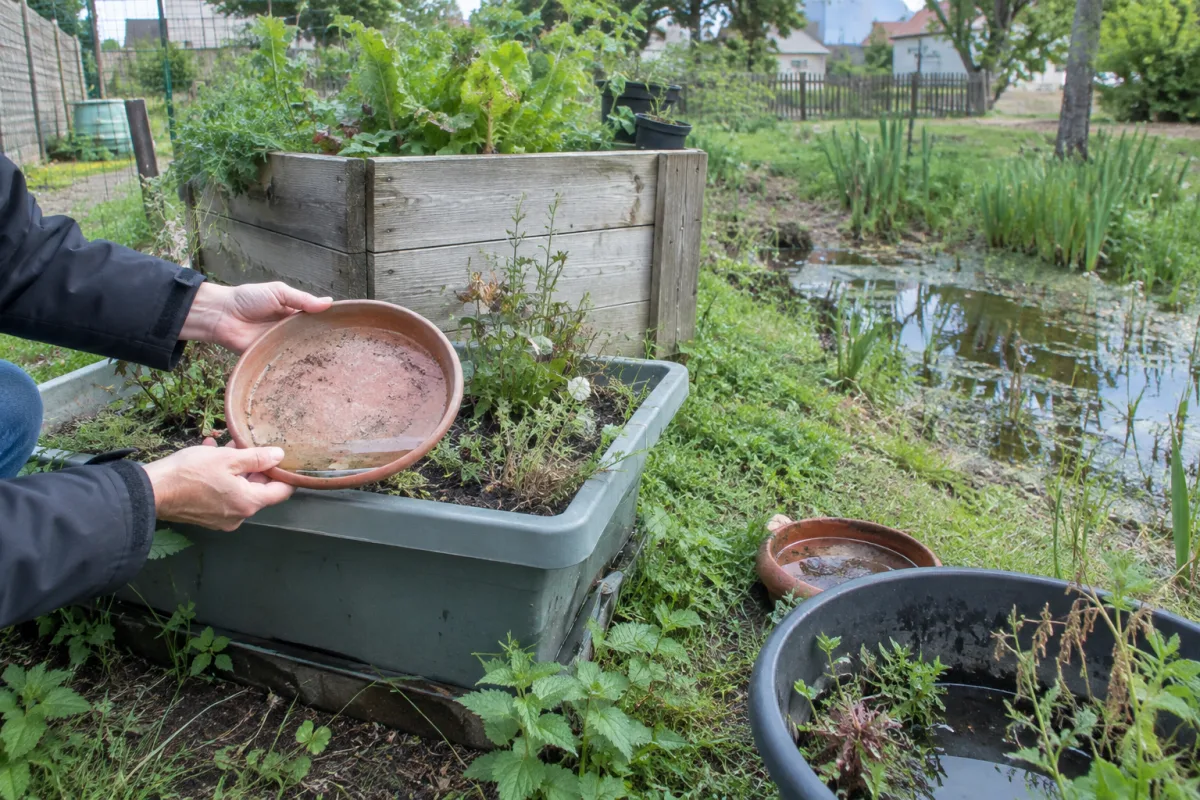Dans un jardin communal en France, des bacs et des soucoupes sont inspectés près d’une zone humide afin d’identifier les endroits où l’eau stagnante peut favoriser la prolifératio…