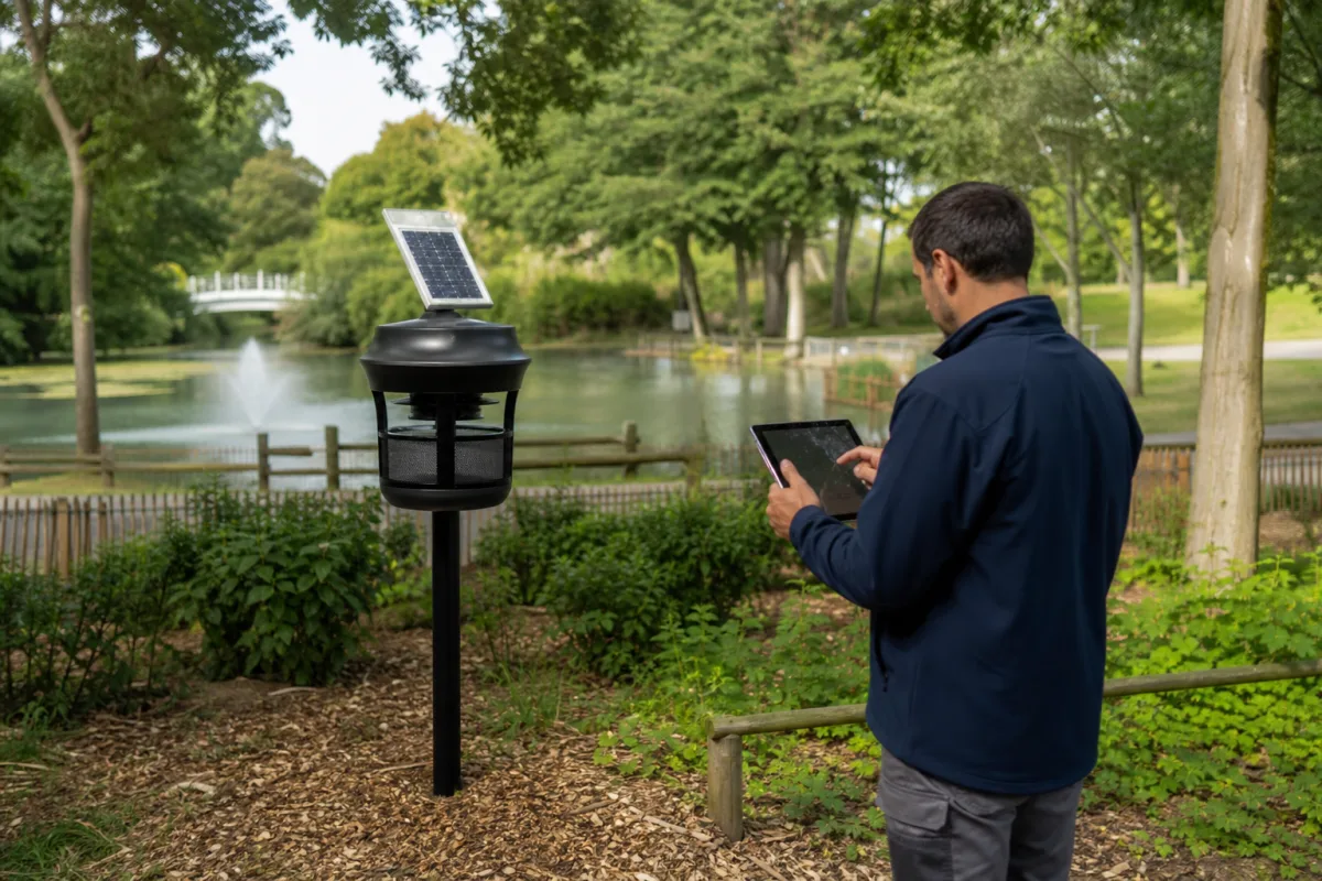 Piège à moustiques connecté et technicien consultant les données