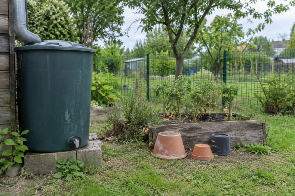 Dans un jardin communal en France, un récupérateur d’eau de pluie fermé et des soucoupes de pots retournées illustrent les mesures de prévention contre les eaux stagnantes