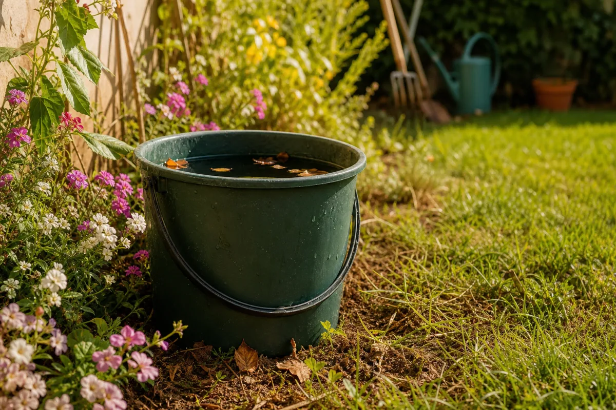 Seau d’eau de pluie oublié au pied d’un massif