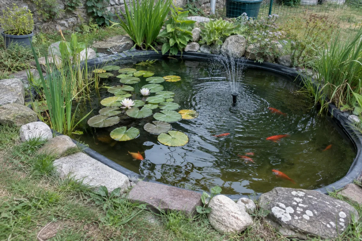 Petit bassin de jardin avec des nénuphars, une fontaine qui fait circuler l’eau et des poissons rouges