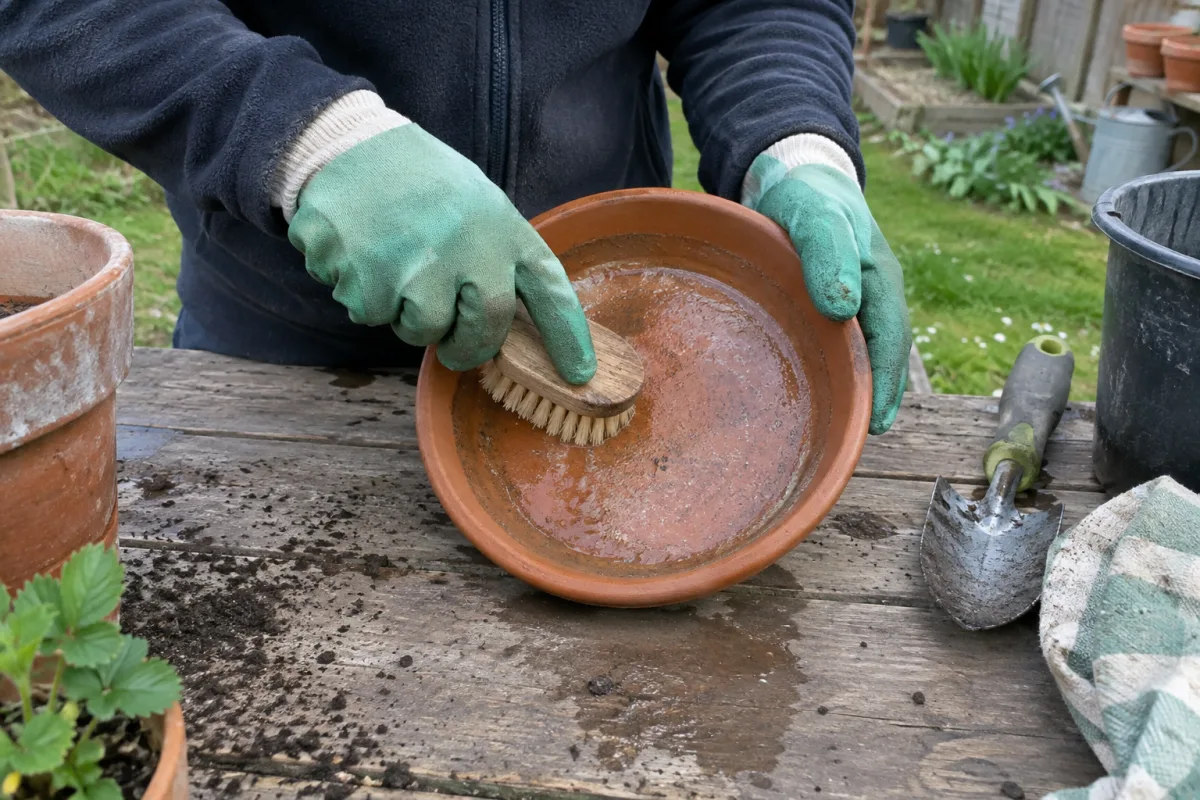 Mains gantées qui frottent l’intérieur d’une soucoupe en terre cuite au printemps, dans un jardin qui reverdit