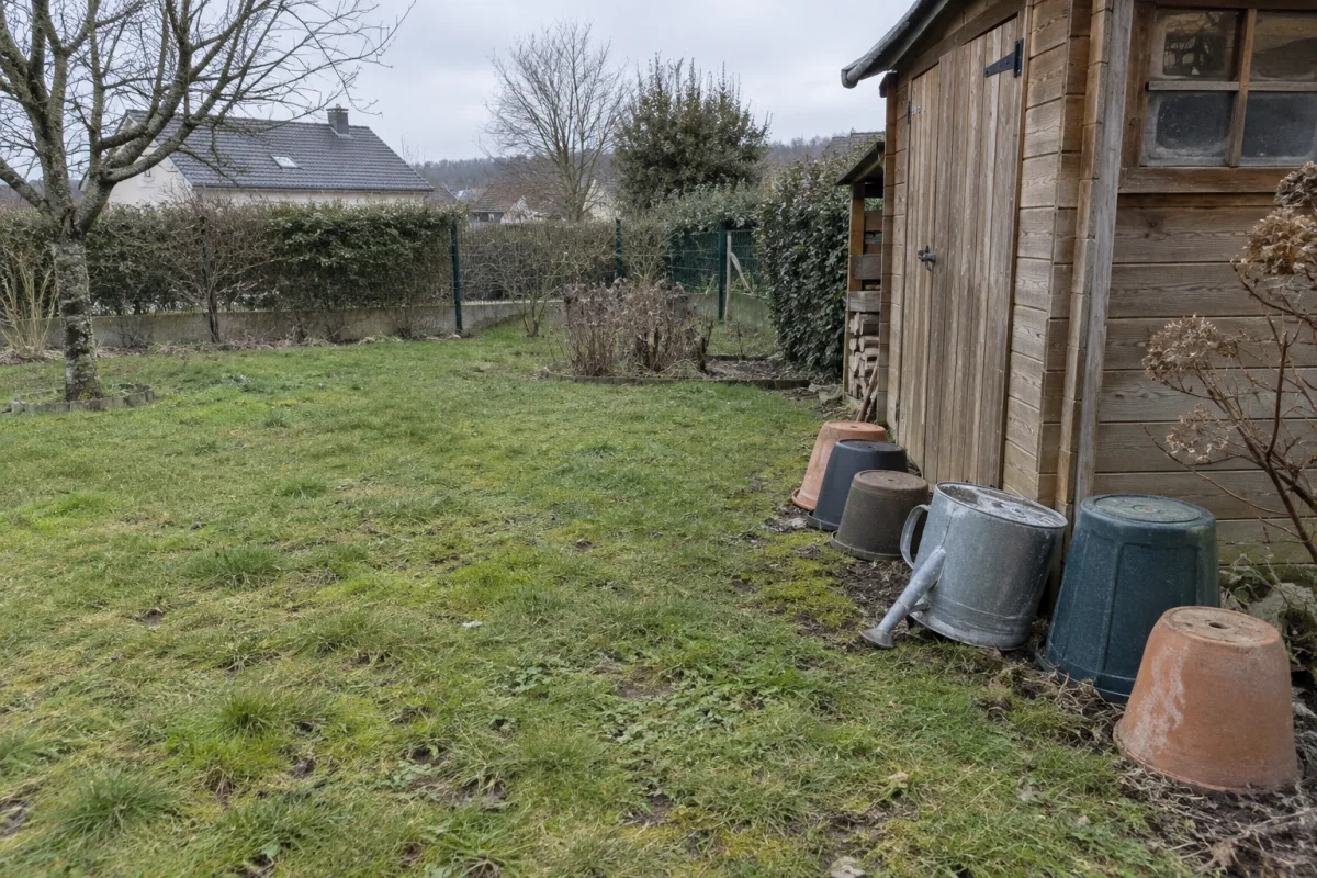 Jardin en fin d’hiver par temps gris, pots vides retournés et arrosoir rangé contre l’abri de jardin