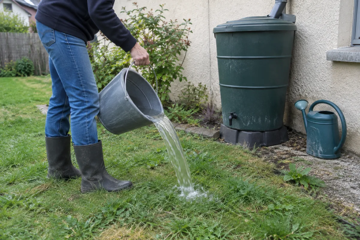 Main qui vide un seau d’eau de pluie sur la pelouse d’un jardin, à côté d’un arrosoir et d’un récupérateur d’eau fermé