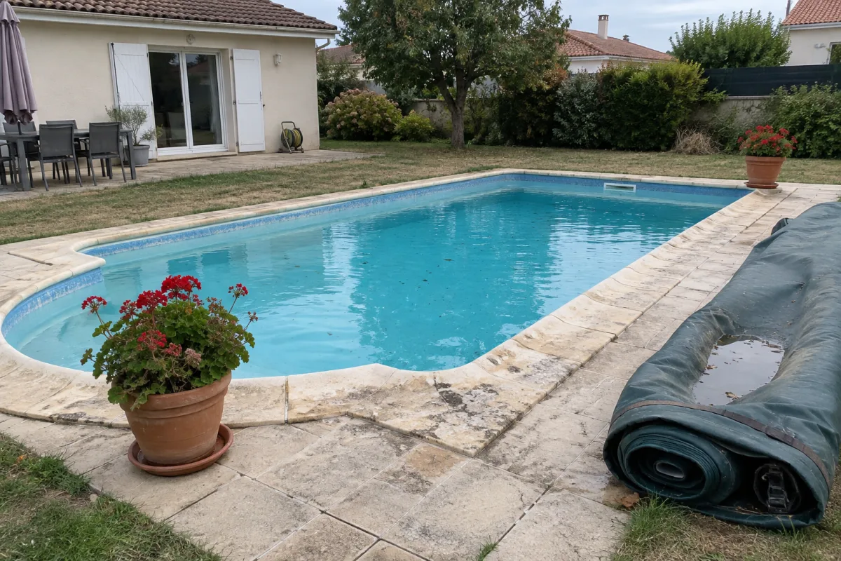 Piscine enterrée d’un pavillon, bâche d’hivernage roulée avec de l’eau de pluie et pots de géranium sur soucoupes au bord du bassin