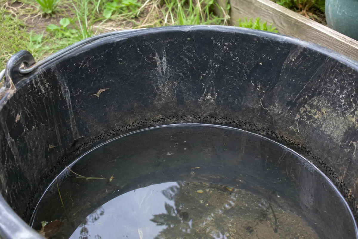 Intérieur d’un seau en plastique noir avec une ligne d’eau et de minuscules points sombres collés juste au-dessus