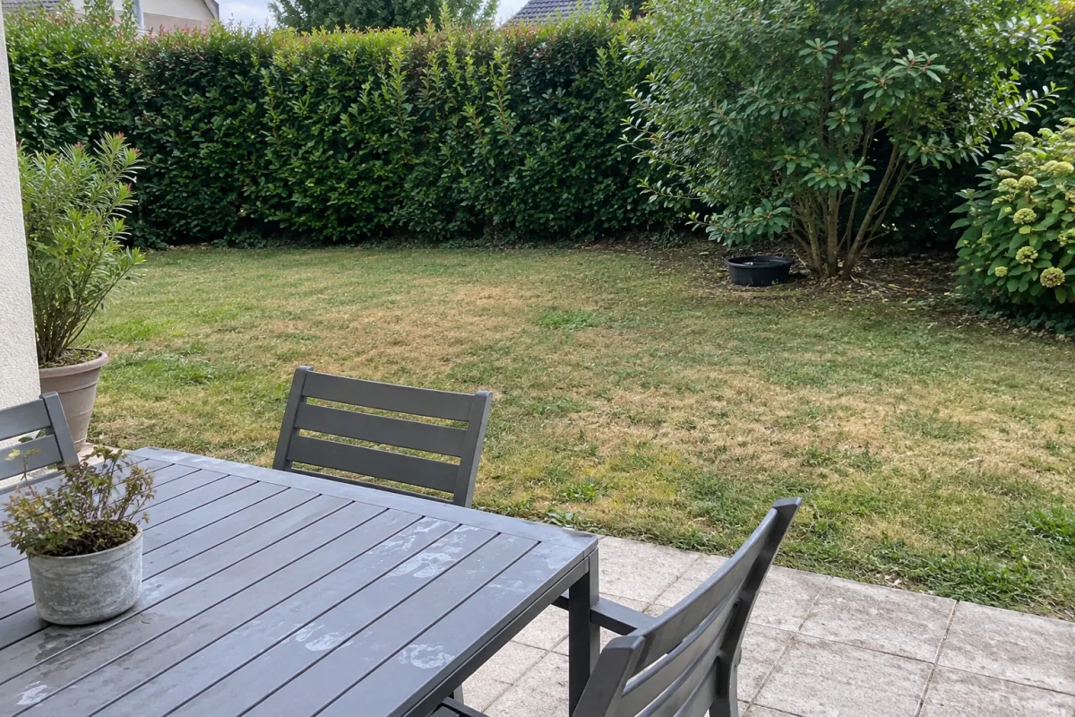 Jardin vu de la terrasse, avec une haie ombragée au fond et un petit récipient noir posé au sol à mi-distance