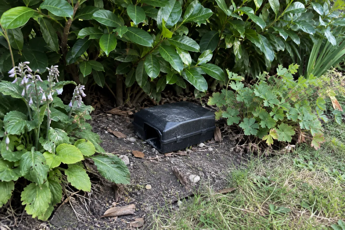 Piège pondoir noir posé au sol, à l’ombre d’une haie, au pied de massifs de fleurs dans un jardin