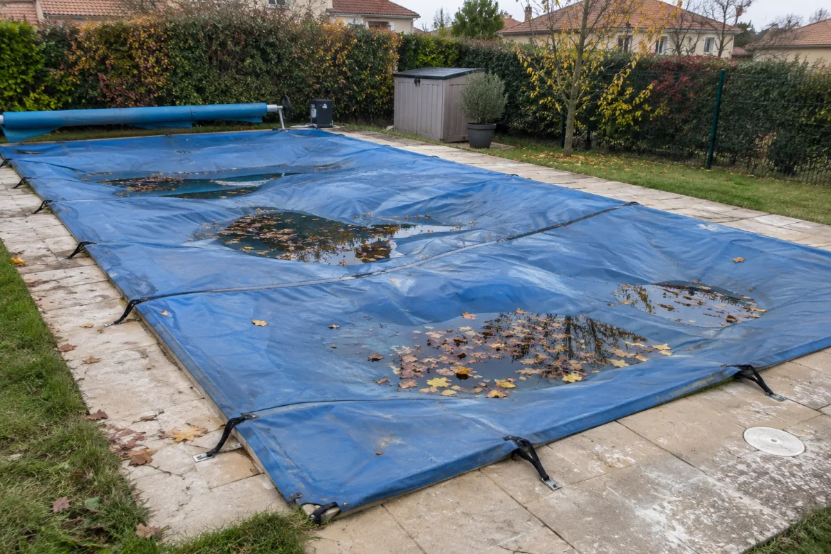 Bâche d’hivernage de piscine creusée par l’eau de pluie, avec des feuilles mortes dans les plis