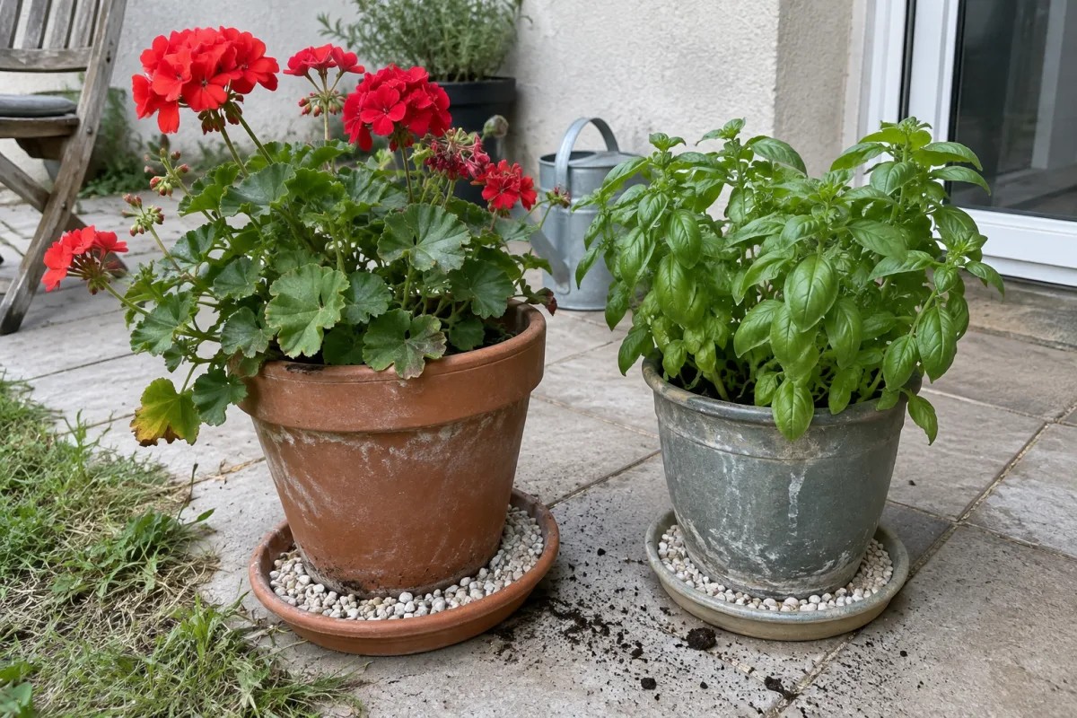 Pots de géranium et de basilic sur une terrasse, avec des soucoupes remplies de gravier au lieu d’eau
