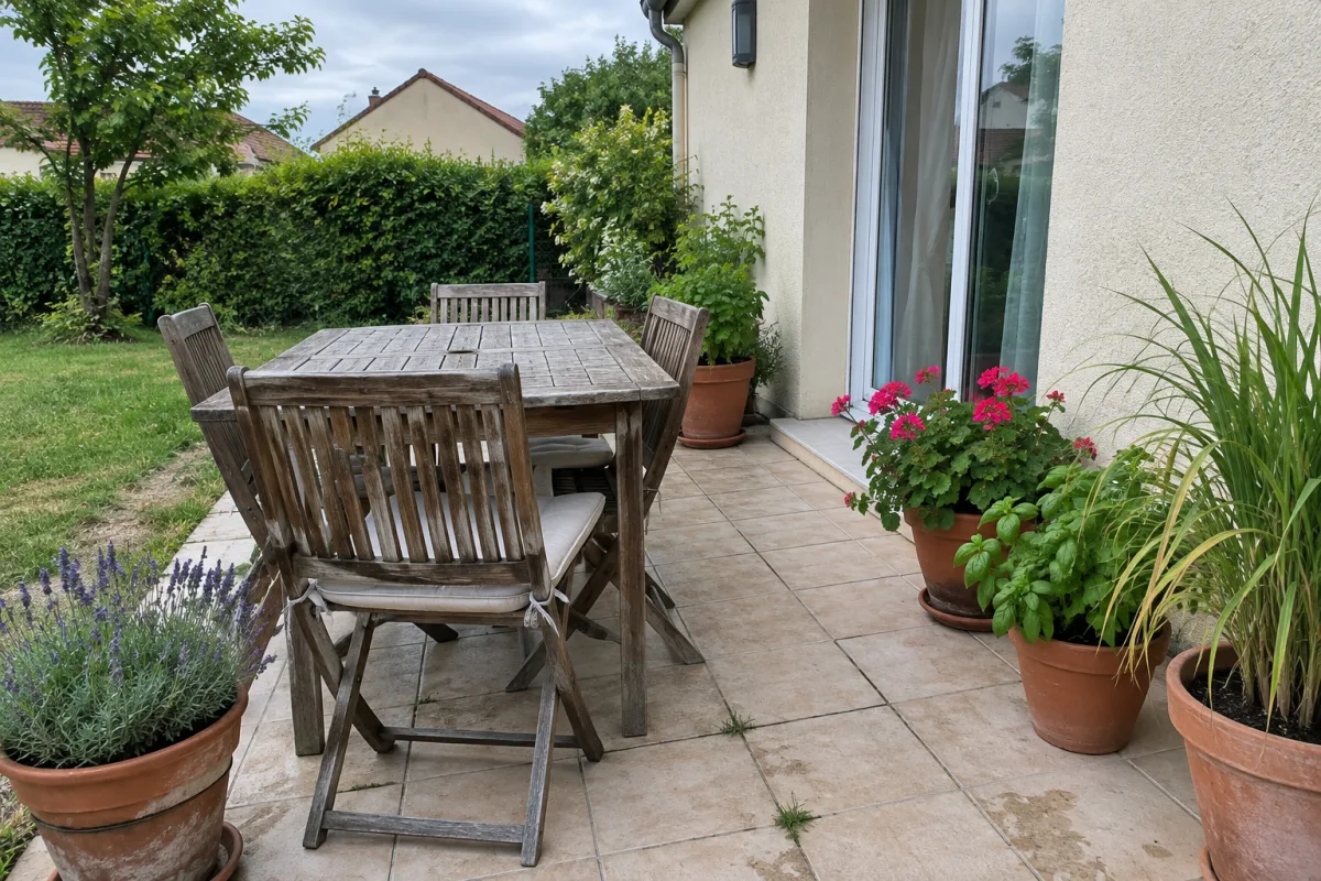 Terrasse fleurie avec des pots de lavande, de géranium odorant, de basilic et de citronnelle autour d’une petite table