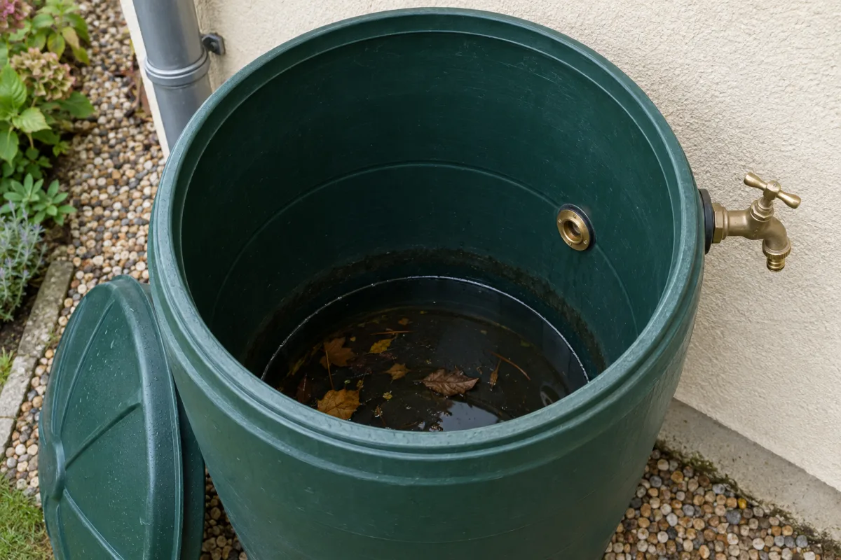 Récupérateur d’eau de pluie vert ouvert, vu de dessus, avec une couche d’eau sombre au fond restée sous le niveau du robinet fixé sur la paroi