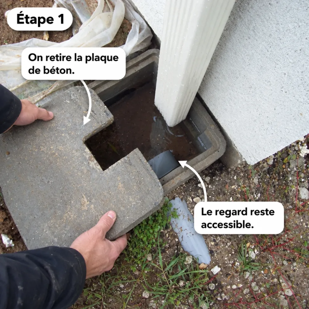 Mains qui soulèvent la plaque de béton d’un regard au pied d’une descente de gouttière blanche, avec de l’eau stagnante au fond